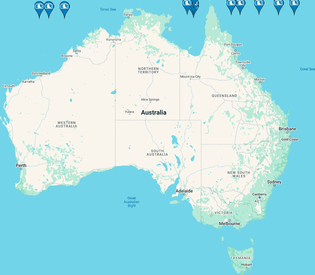 find us everywhere map of australia with pins dropping to show camera locations